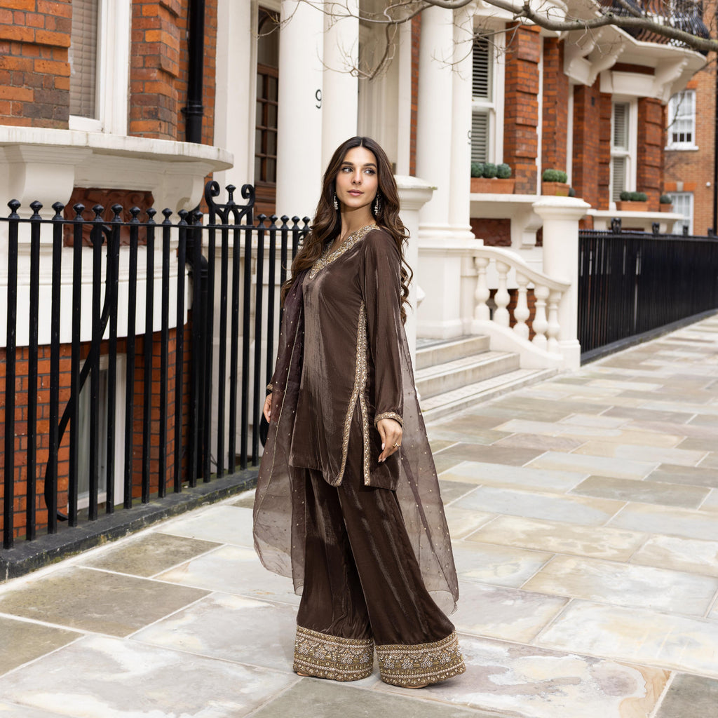 Brown Patchwork Embroidered Shalwar Kameez