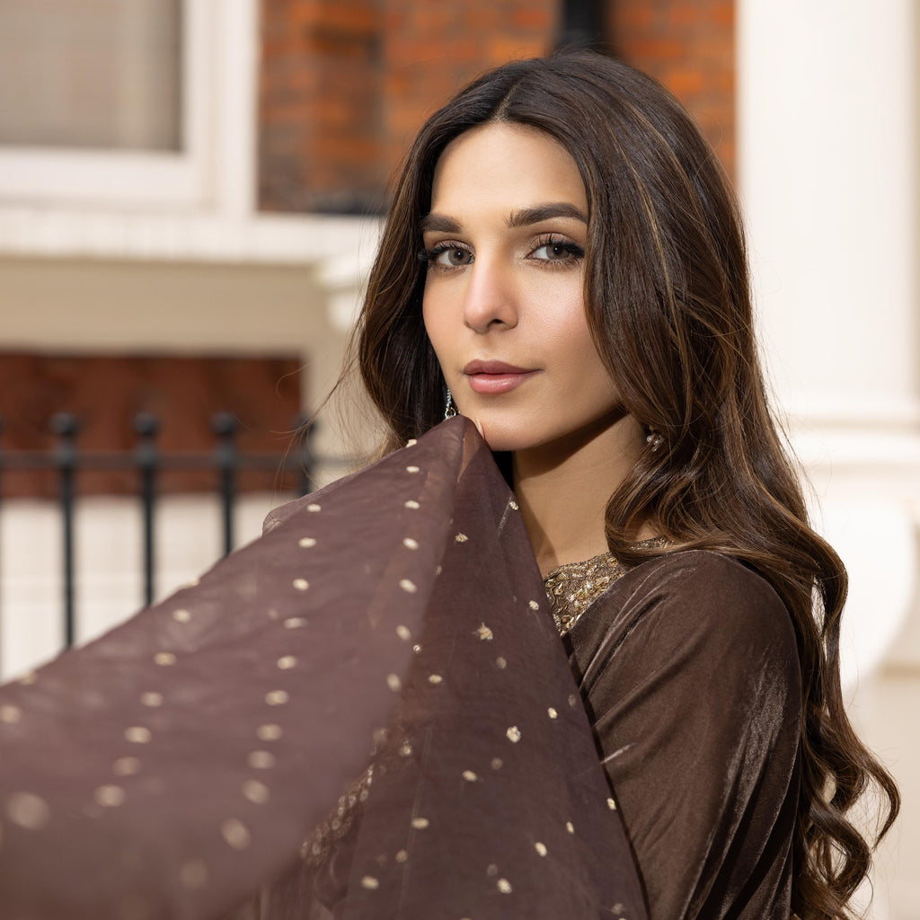 Brown Patchwork Embroidered Shalwar Kameez