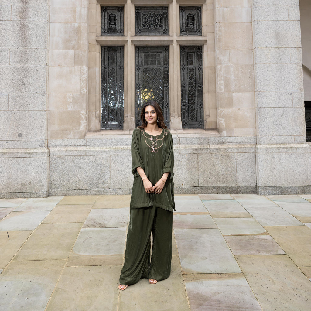 Emerald Velvet Hand-Embroidered Co-ord Set
