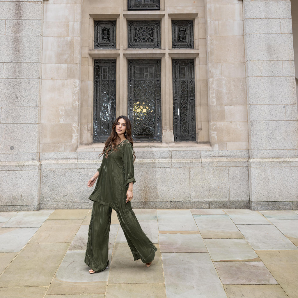Emerald Velvet Hand-Embroidered Co-ord Set