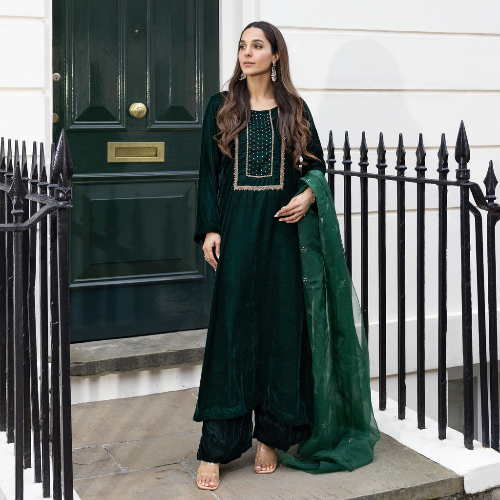 Emerald Velvet Embroidered 3 Piece