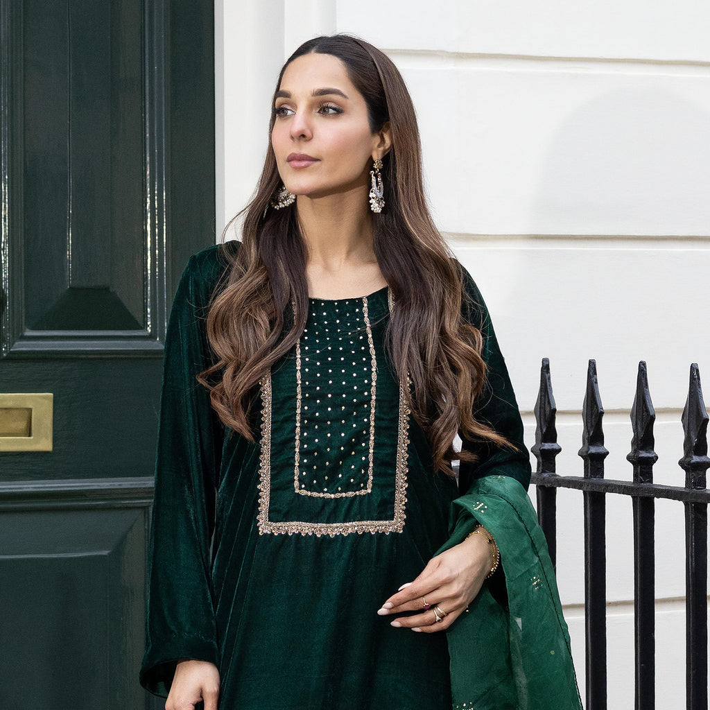 Emerald Velvet Embroidered 3 Piece