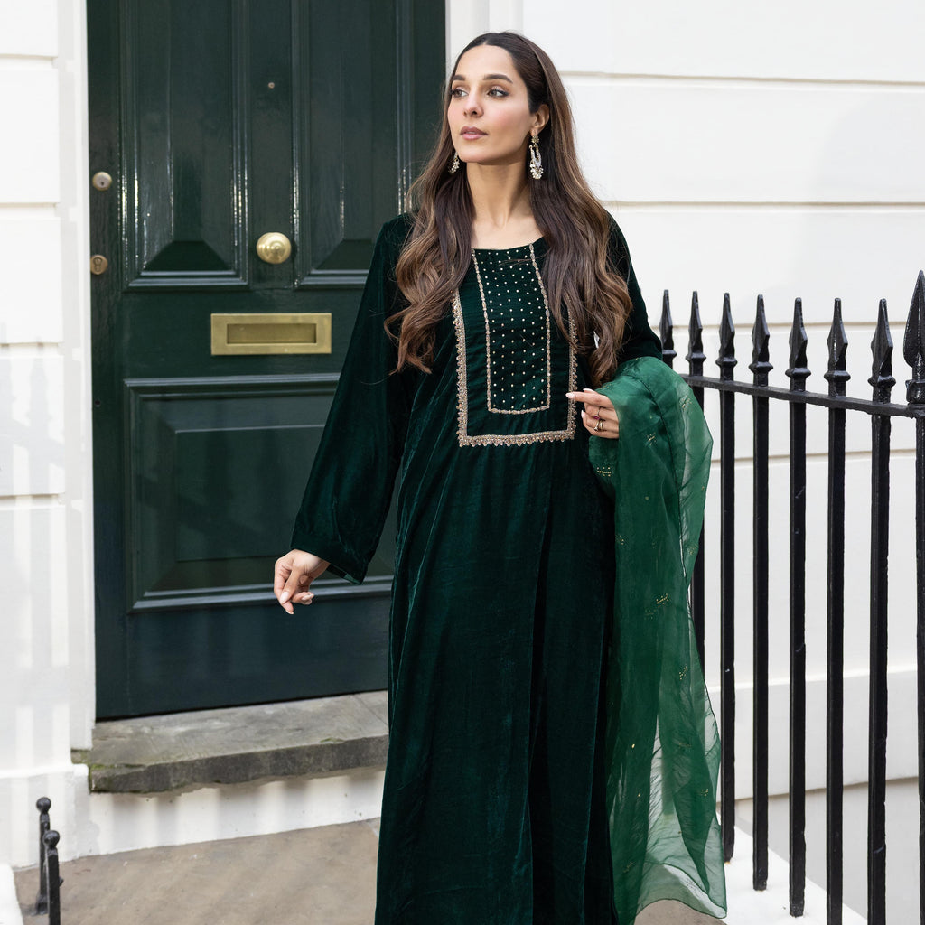 Emerald Velvet Embroidered 3 Piece