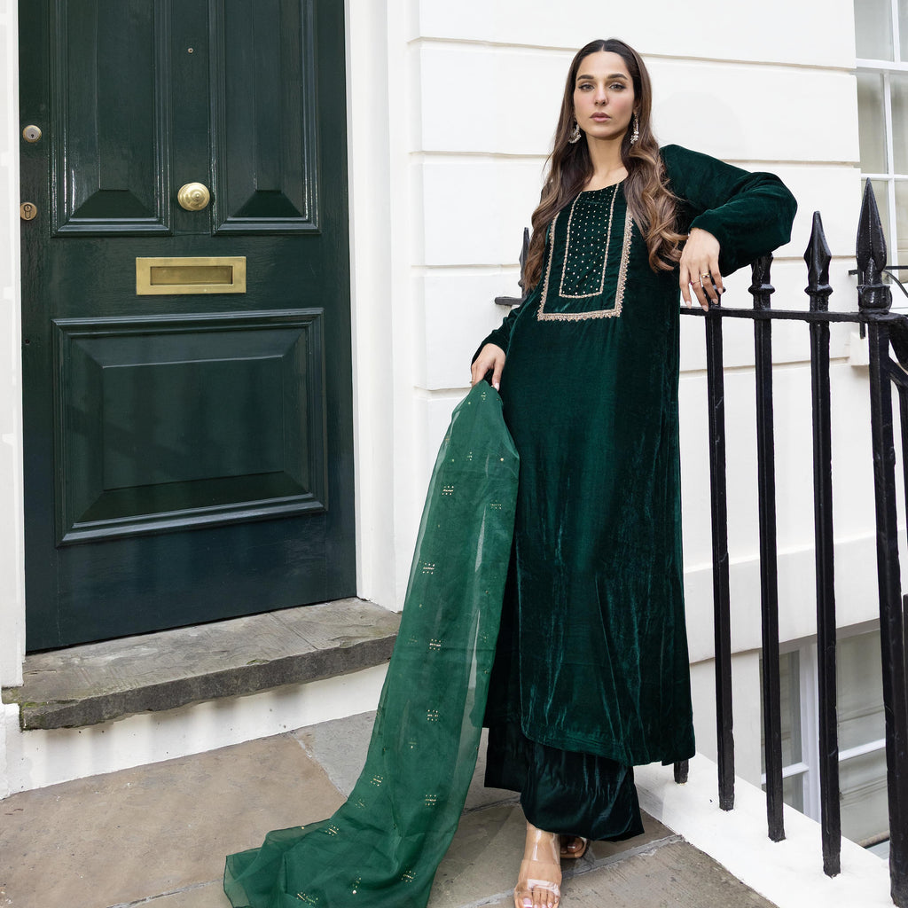 Emerald Velvet Embroidered 3 Piece