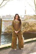 Olive Green Silk Two-Piece Suit with Intricate gold Embroidery
