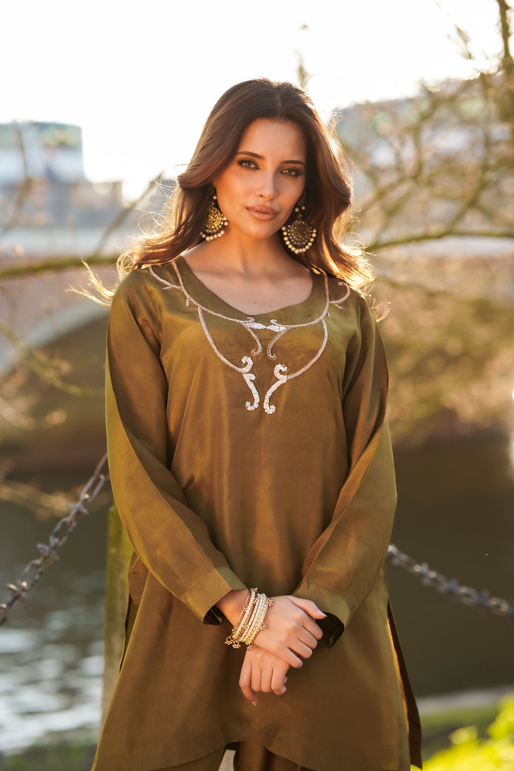 Olive Green Silk Two-Piece Suit with Intricate gold Embroidery